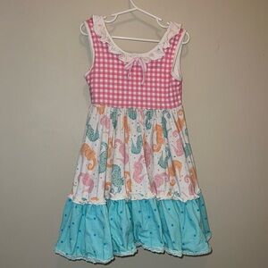 Sweethoney Pink Gingham & Seahorse Tiered Dress